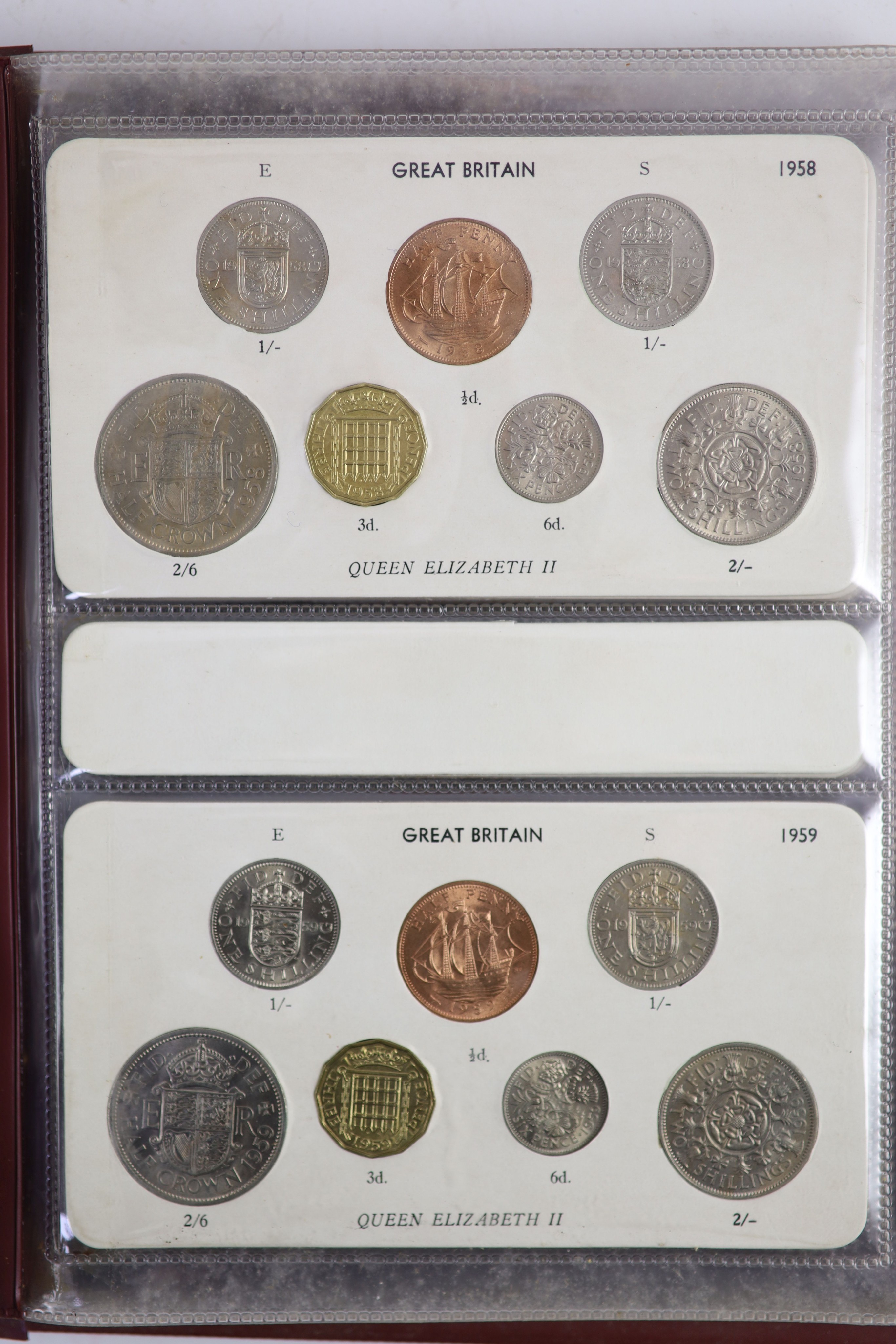 Queen Elizabeth II pre-decimal specimen coin sets for 1953 - 1967, first and second issues, all EF/UNC (15 sets), including 1954, 1957-1959 halfcrowns, florins and shillings, scarce in high grade